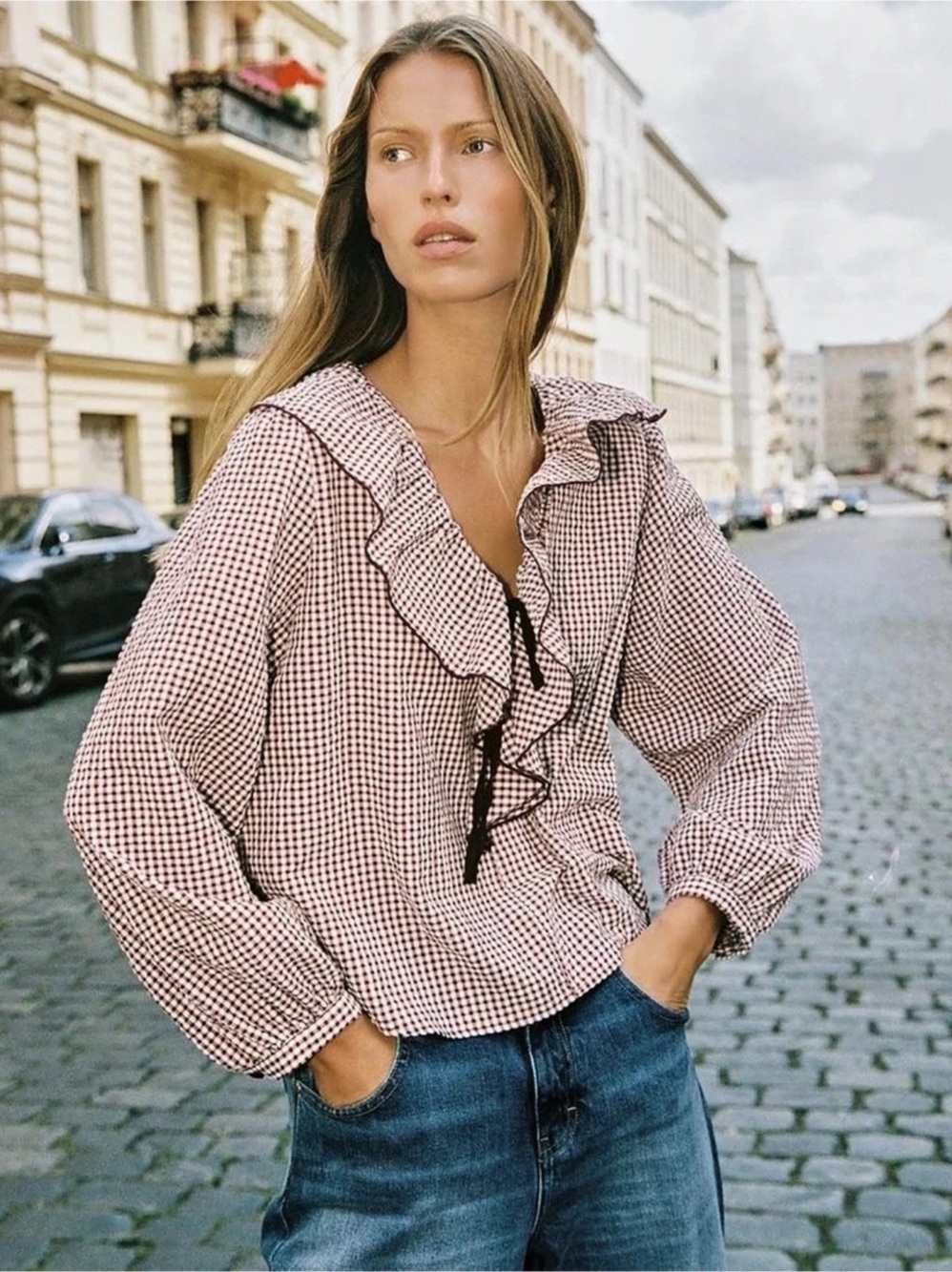 Zara Gingham Ruffle Blouse in Burgundy & White Size Small